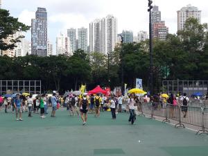 Protesters arriving in Victoria Park before the Democracy march organized by Civil Human Rights Front, from Victoria Park to Tim Mei Avenue, Hong Kong, July 1, 2015. HRIC photo.