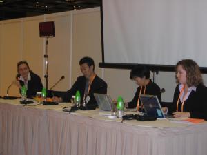 Carole Samdup, Han Dongfang, Sharon Hom and Elisabeth Wickeri at WTO meeting, Hong Kong, December 2005.