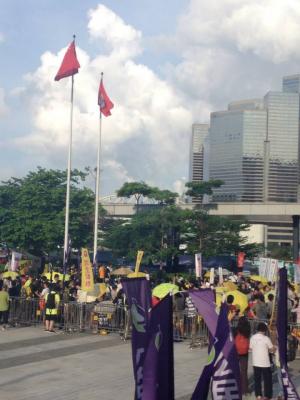 Protesters assembling outside LegCo buildings, at the end of the &quot;The Citizens Against Pseudo-Universal Suffrage&quot; march, Hong Kong, June 14, 2015. HRIC photo.