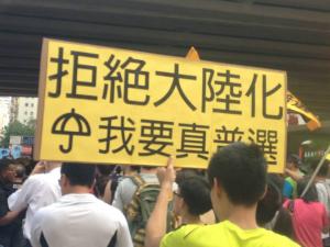 Participant holds sign that reads: “Reject Mainlandization, I Want Genuine Universal Suffrage,” during the democracy march organized by Civil Human Rights Front, Hong Kong, July 1, 2015. HRIC photo.