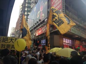 Participants hold flags: “I want genuine universal suffrage,” during the democracy march organized by Civil Human Rights Front, Hong Kong, July 1, 2015. HRIC photo.